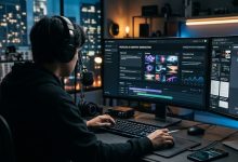 Creator building a faceless YouTube video with AI tools on a dual-monitor setup at night