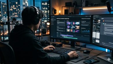 Creator building a faceless YouTube video with AI tools on a dual-monitor setup at night