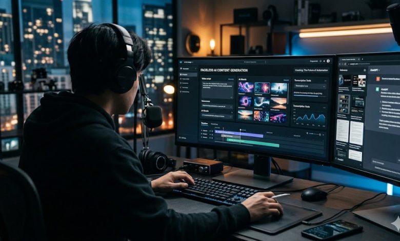 Creator building a faceless YouTube video with AI tools on a dual-monitor setup at night