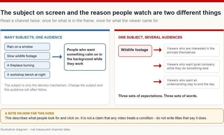 Diagram showing how several different surface topics can all serve the same underlying viewer need, and how one topic can serve several audiences