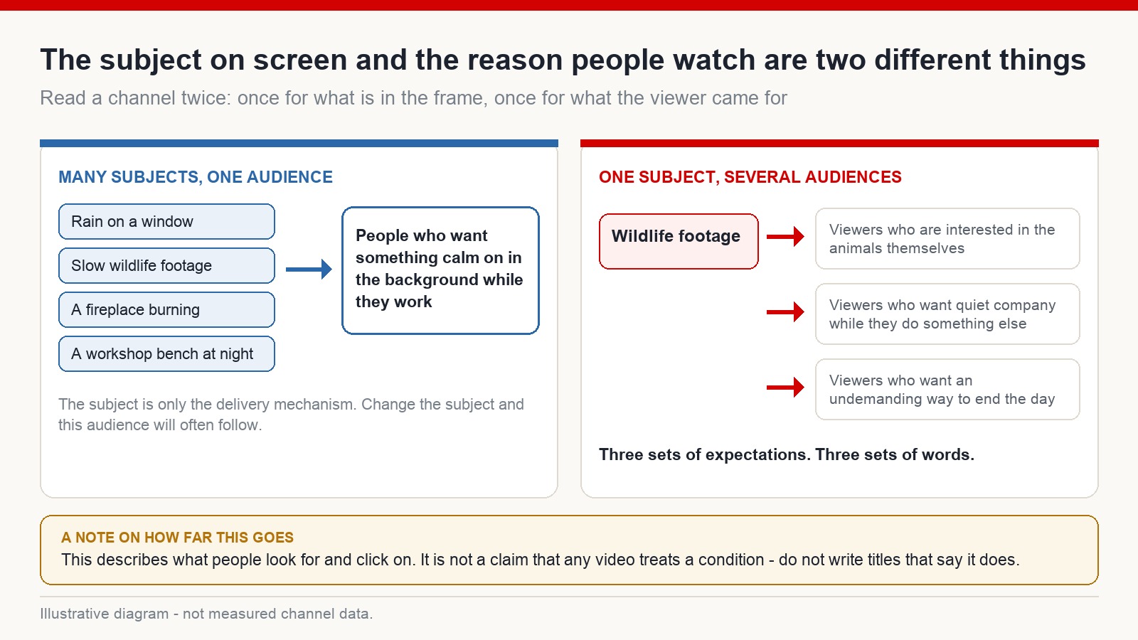 Diagram showing how several different surface topics can all serve the same underlying viewer need, and how one topic can serve several audiences