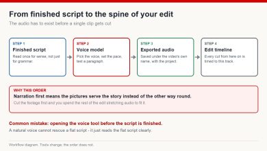 Four-step workflow diagram: finished script, voice model, exported audio, edit timeline