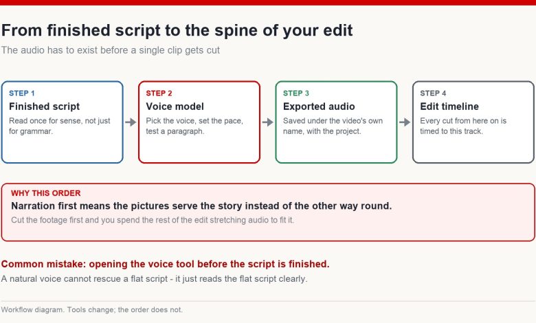Four-step workflow diagram: finished script, voice model, exported audio, edit timeline