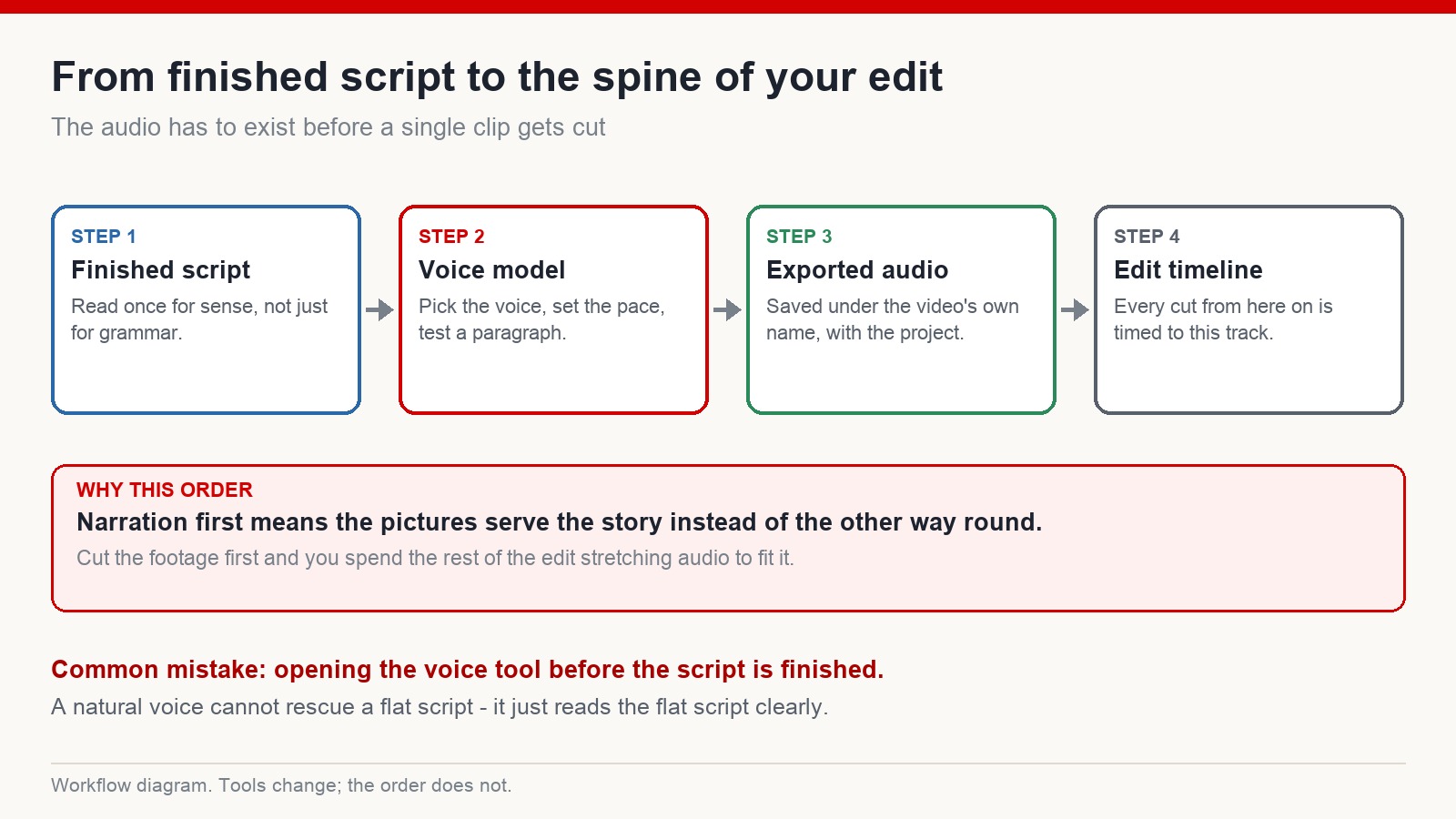 Four-step workflow diagram: finished script, voice model, exported audio, edit timeline