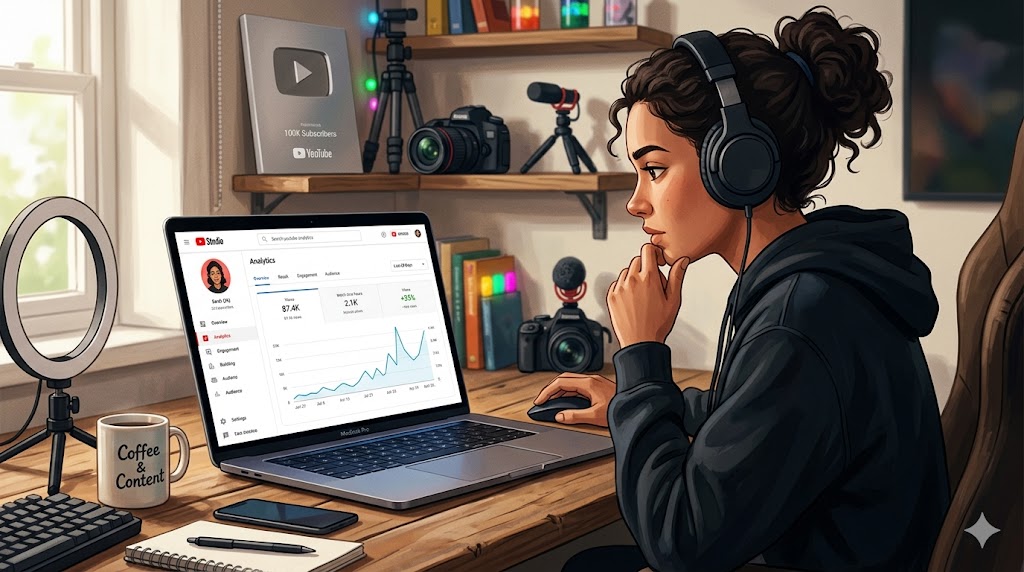 Creator studying a YouTube analytics dashboard on a laptop at a home desk
