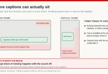 Diagram showing where captions can safely sit in wide and vertical frames, avoiding the areas covered by player controls, end-screen cards and interface elements