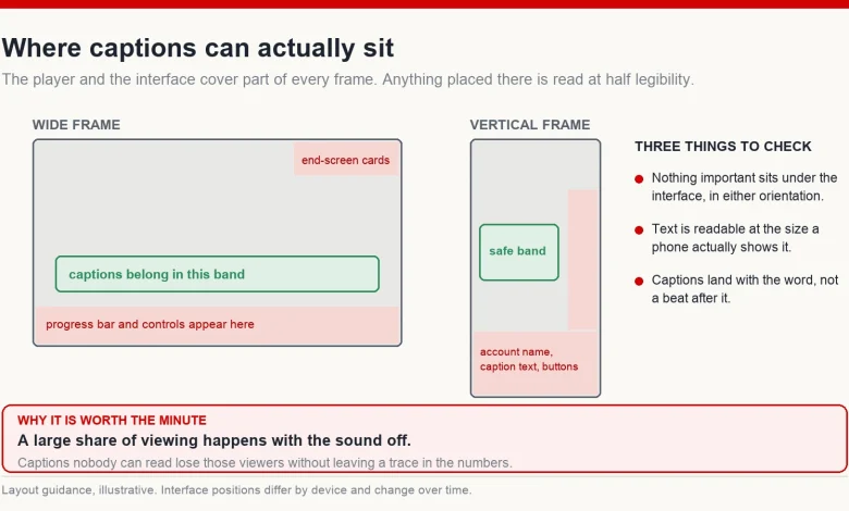 Diagram showing where captions can safely sit in wide and vertical frames, avoiding the areas covered by player controls, end-screen cards and interface elements