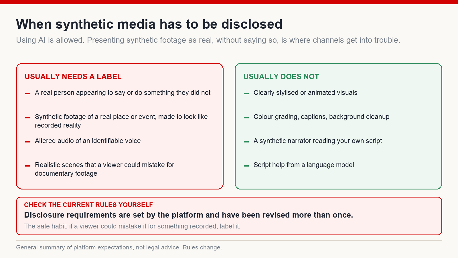 Two-column comparison of synthetic media that usually needs a disclosure label and synthetic media that usually does not