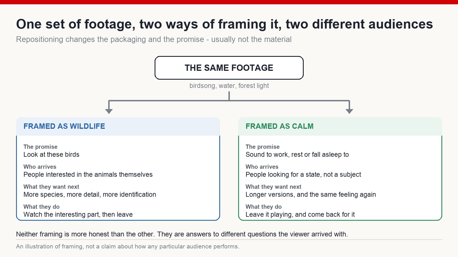 Diagram showing one set of nature footage framed two ways, attracting a wildlife audience or a calm-and-focus audience with different expectations