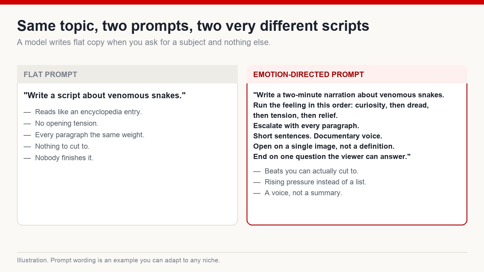 Side-by-side comparison of a flat script prompt and an emotion-directed prompt, with what each one produces