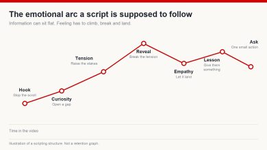 Line diagram of an emotional arc through a video: hook, curiosity, tension, reveal, empathy, lesson and a final ask