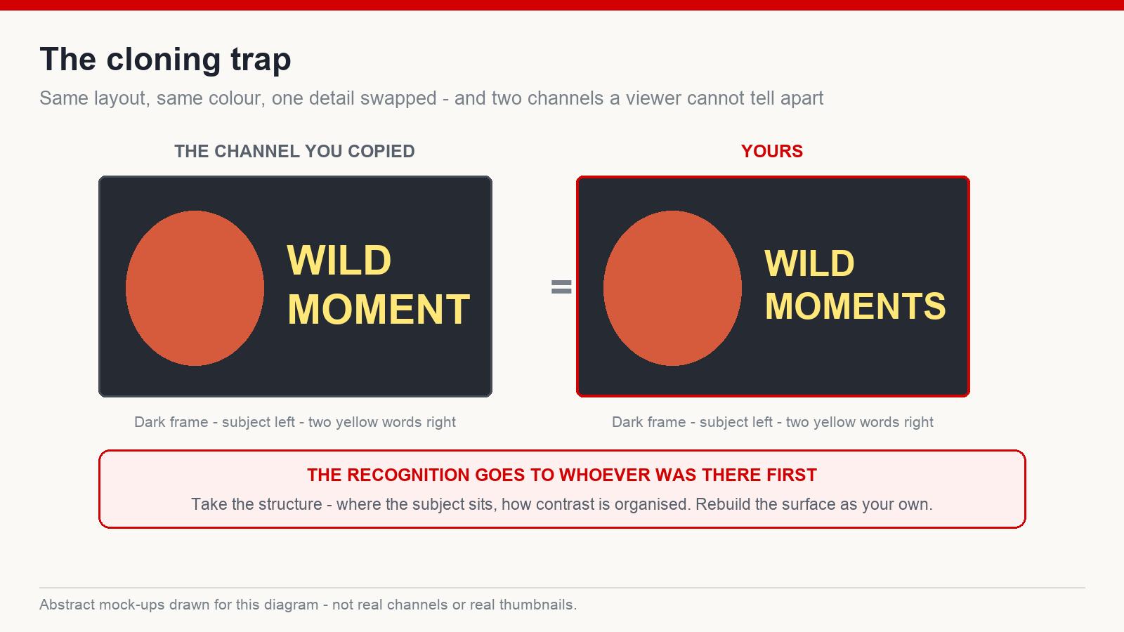 Two near-identical thumbnail layouts side by side illustrating the cloning trap