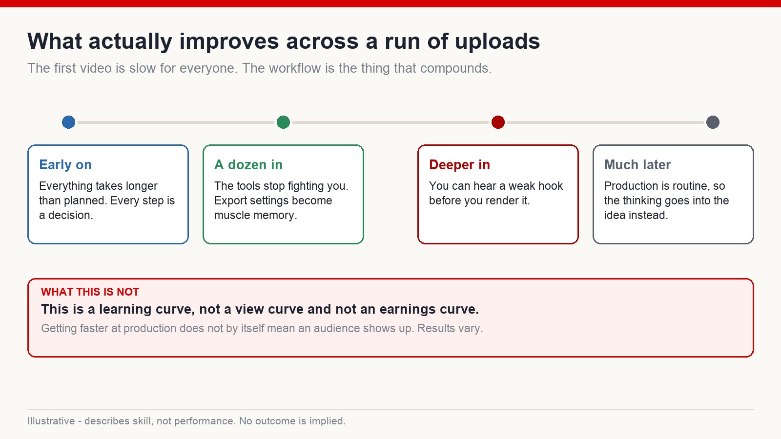 Timeline showing how production skill develops across a run of uploads, with a note that this is a learning curve rather than a view curve