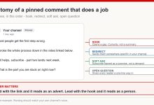 Anatomy of a pinned comment showing four lines in order: hook, redirect, soft ask and open question