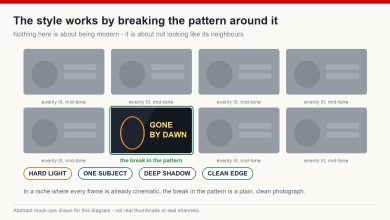 A feed of low-contrast thumbnails with one high-contrast rendered frame separating from the row