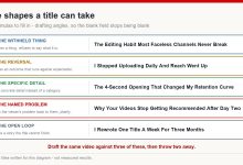 Five title shapes with an example title for each: withheld thing, reversal, specific detail, named problem, and open loop