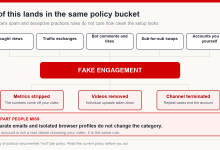 Diagram showing bought views, traffic exchanges, bot comments, sub-for-sub swaps and self-run accounts all falling into the fake engagement category, with metrics stripped, videos removed or channel terminated as outcomes