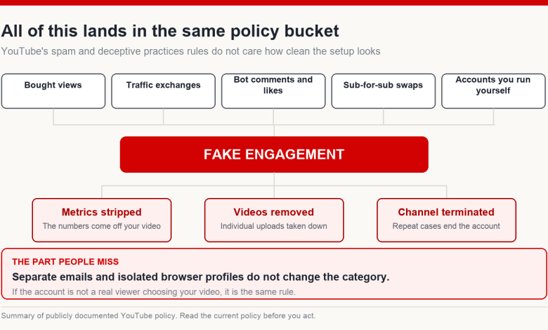 Diagram showing bought views, traffic exchanges, bot comments, sub-for-sub swaps and self-run accounts all falling into the fake engagement category, with metrics stripped, videos removed or channel terminated as outcomes