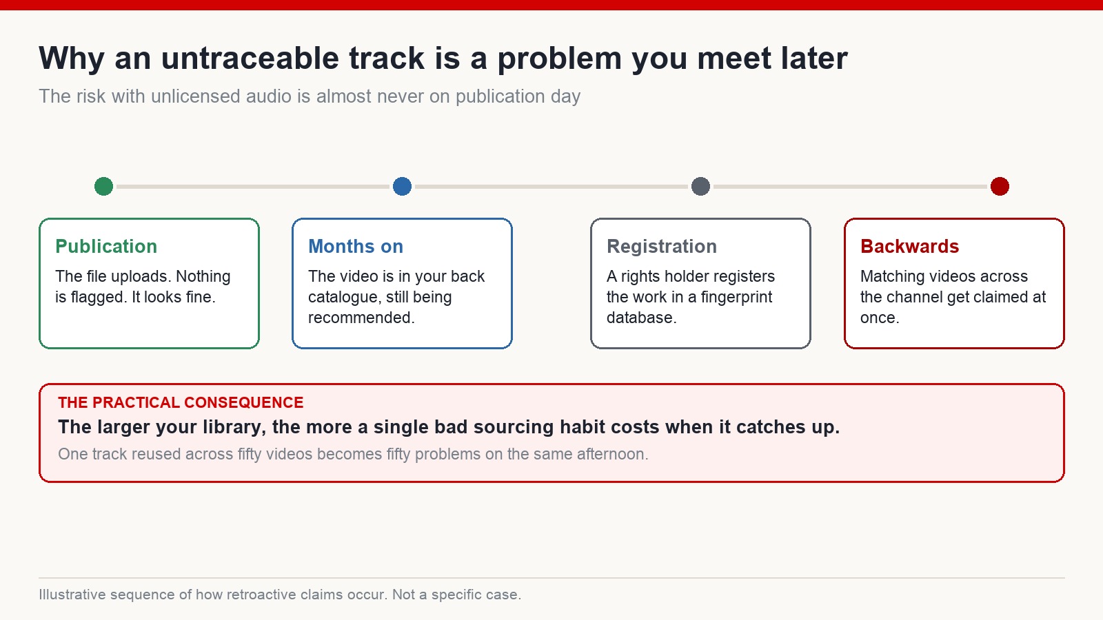 Timeline showing how an unlicensed track can be claimed retroactively across a whole back catalogue months after publication