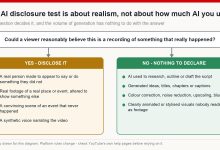 A decision test for AI disclosure on YouTube, separating realistic synthetic content that must be disclosed from clearly unreal content that does not