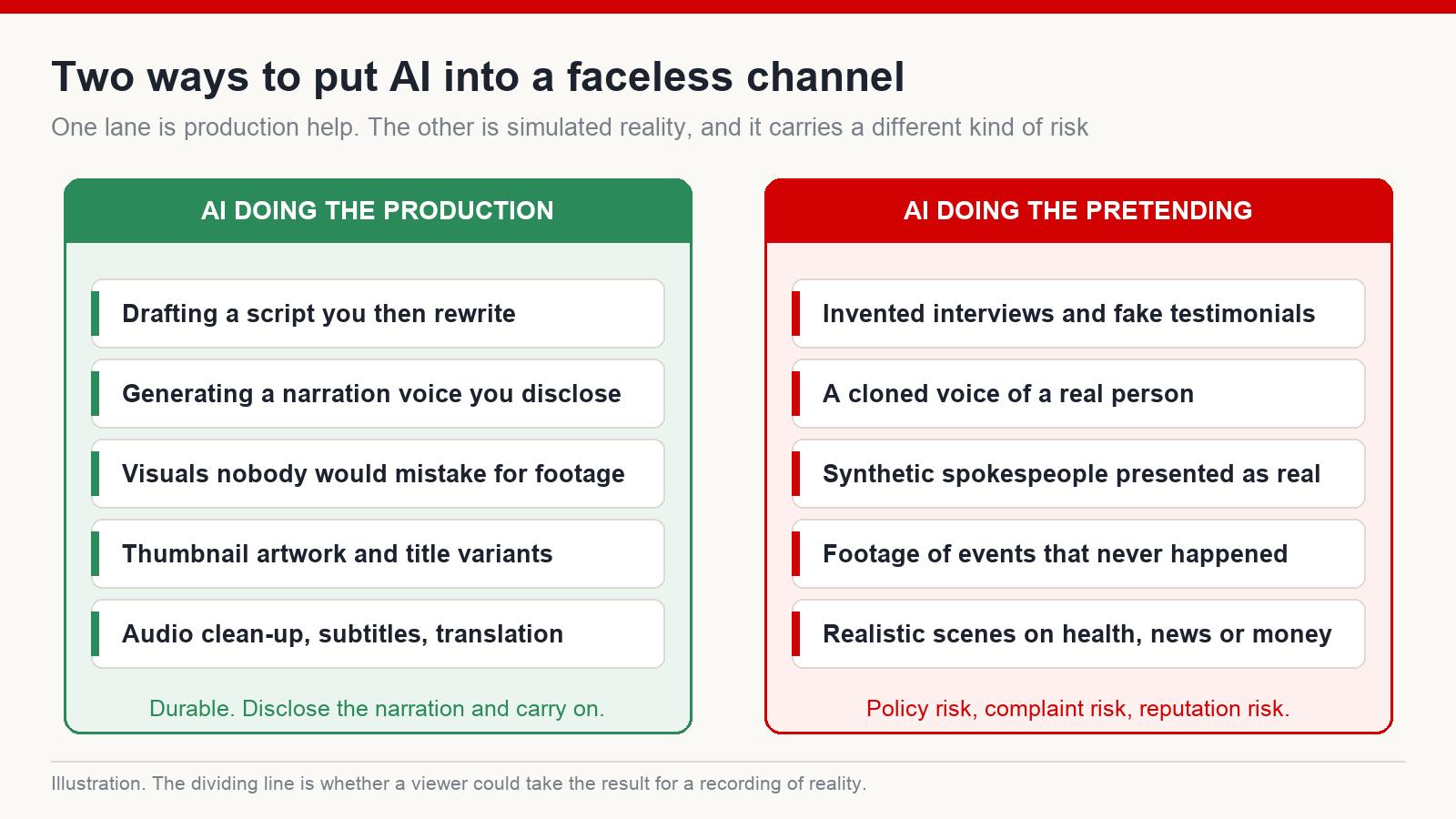 Two ways of using AI on a faceless channel: AI assisting production versus AI simulating reality