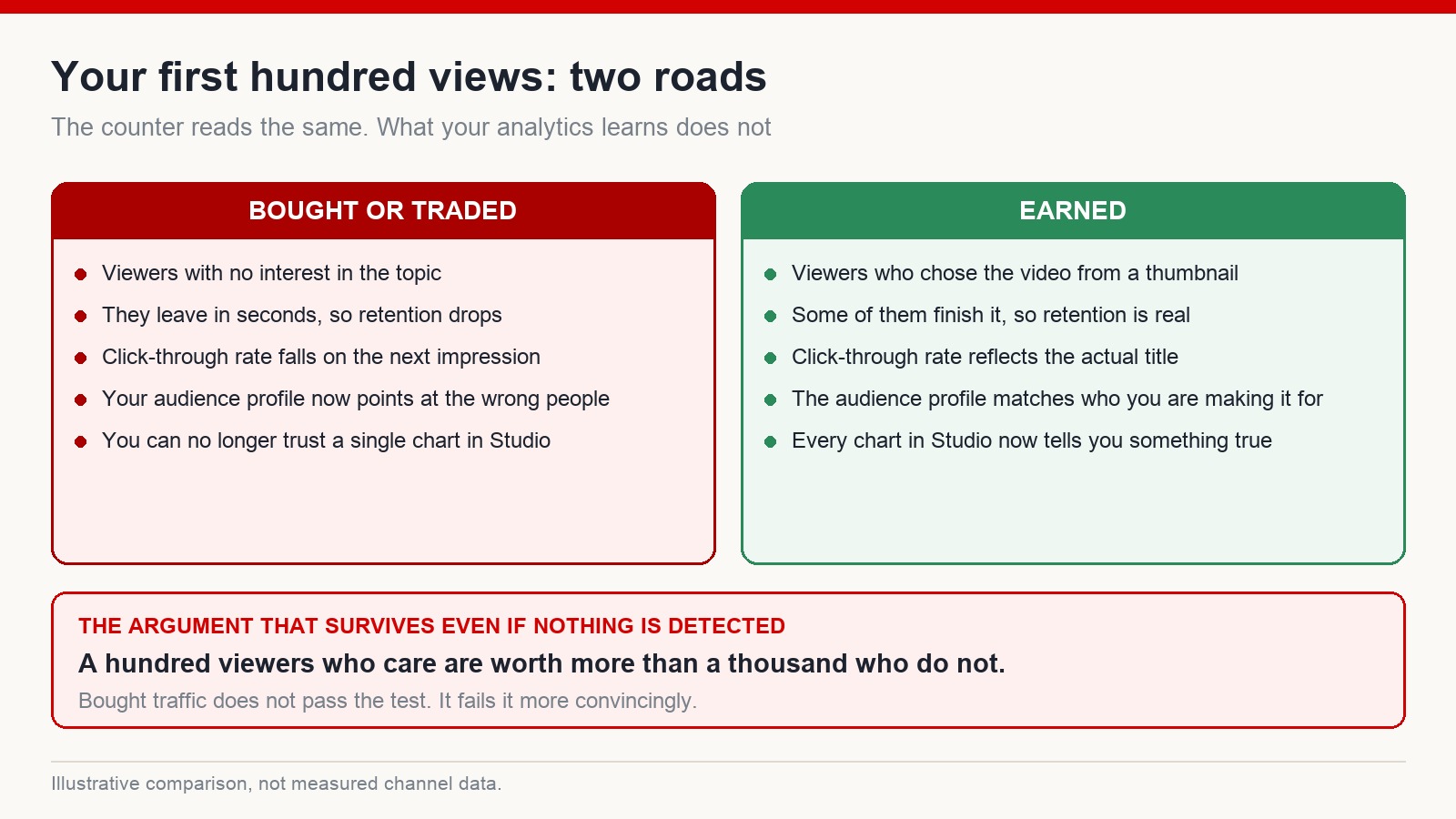 Comparison of a first hundred views that were bought or traded against a first hundred that were earned, and what each does to a channel's analytics