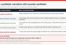 Table of five reasons synthetic narration sounds artificial: speed pushed too high, sentences written for the page, no pauses in the text, one voice for every subject, nothing marked for emphasis
