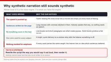 Table of five reasons synthetic narration sounds artificial: speed pushed too high, sentences written for the page, no pauses in the text, one voice for every subject, nothing marked for emphasis