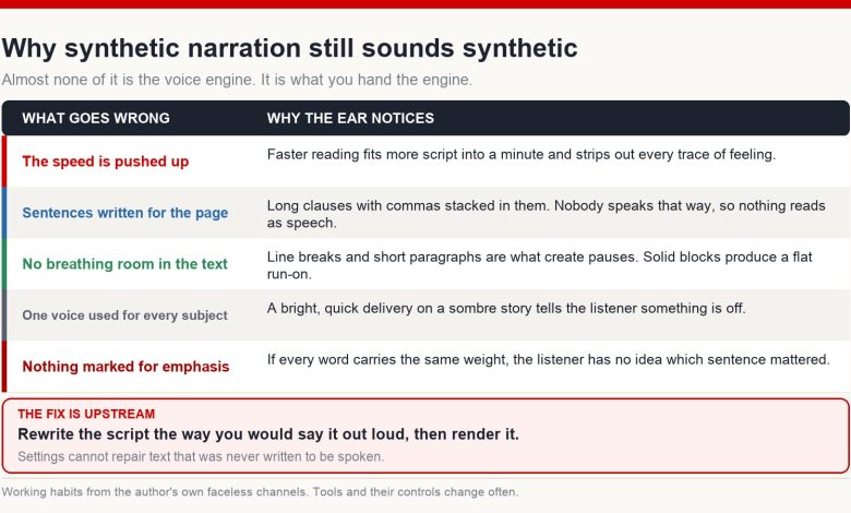 Table of five reasons synthetic narration sounds artificial: speed pushed too high, sentences written for the page, no pauses in the text, one voice for every subject, nothing marked for emphasis