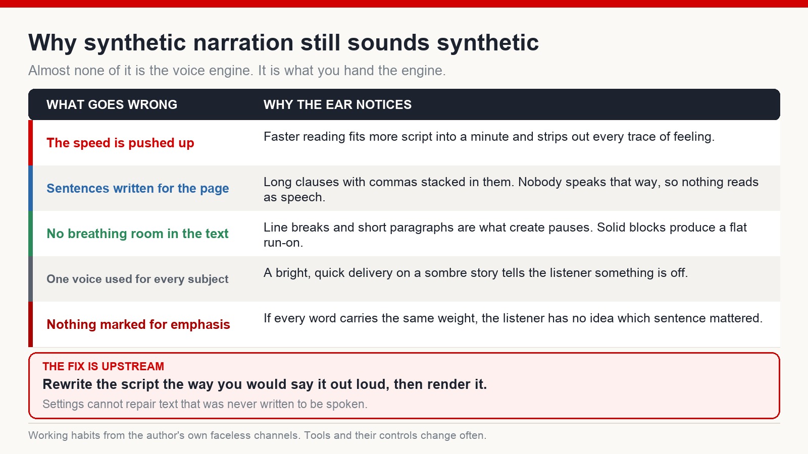 Table of five reasons synthetic narration sounds artificial: speed pushed too high, sentences written for the page, no pauses in the text, one voice for every subject, nothing marked for emphasis