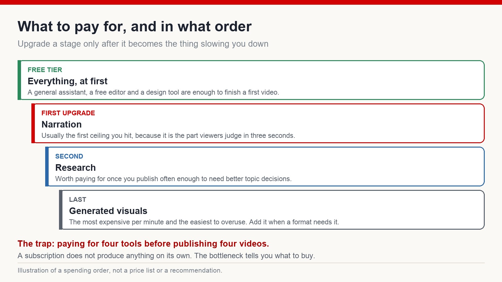 Four-step spending ladder: free tools first, then narration, then research, with generated visuals last