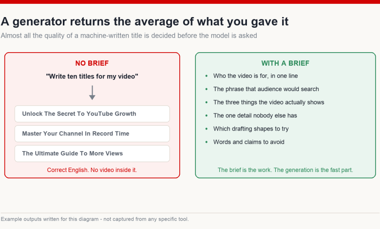 Comparison of unbriefed title generation producing generic lines against a structured brief listing audience, keyword, and specifics