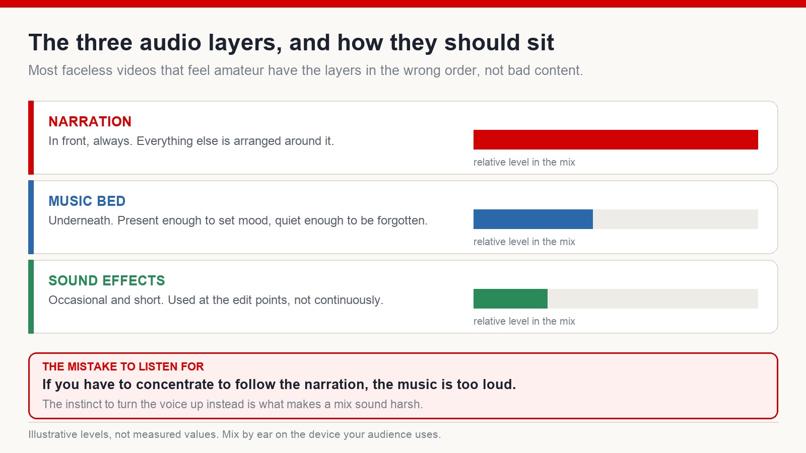 Diagram of the three audio layers in a faceless video: narration in front, music bed underneath, sound effects used occasionally at edit points