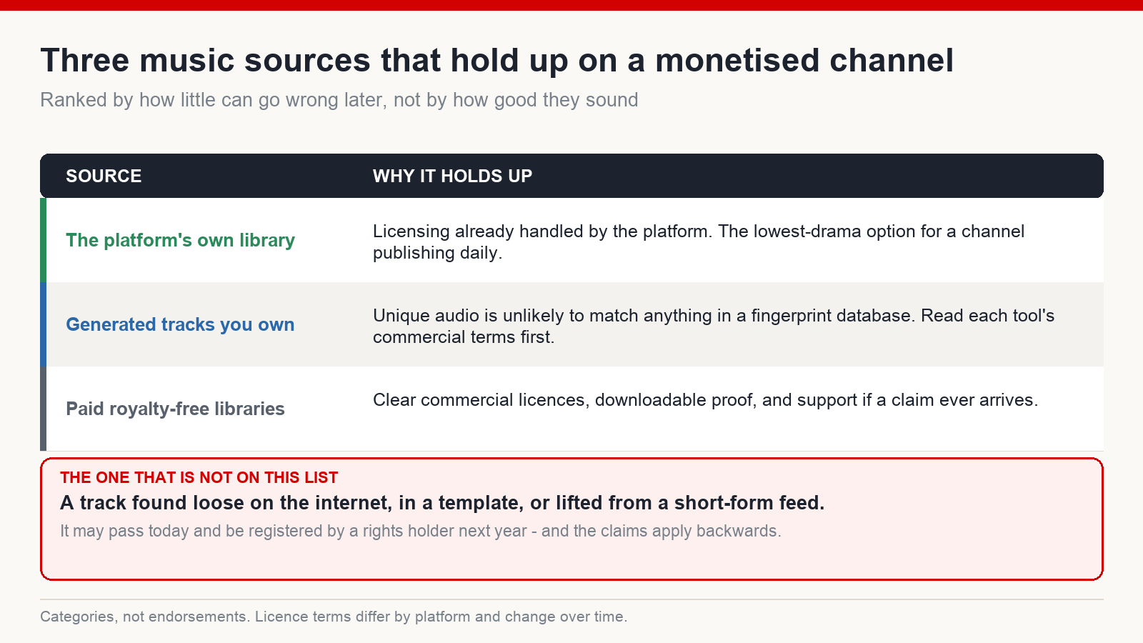 Three music sources ranked by how little can go wrong later: platform library, generated tracks, paid royalty-free libraries