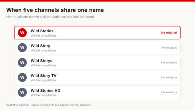 Five YouTube channels with nearly identical names showing how near-duplicates split an audience