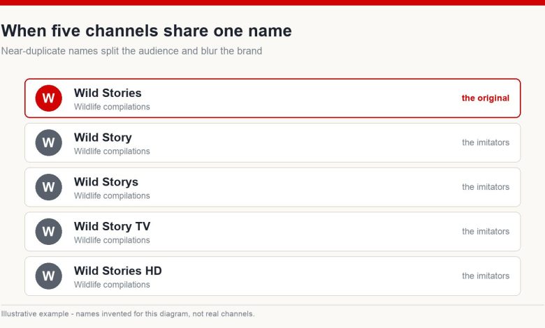 Five YouTube channels with nearly identical names showing how near-duplicates split an audience