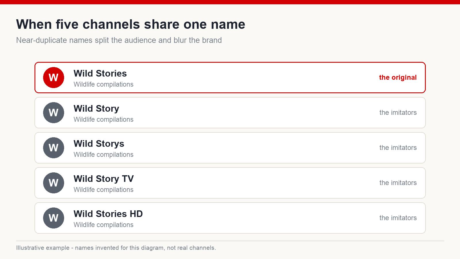 Five YouTube channels with nearly identical names showing how near-duplicates split an audience