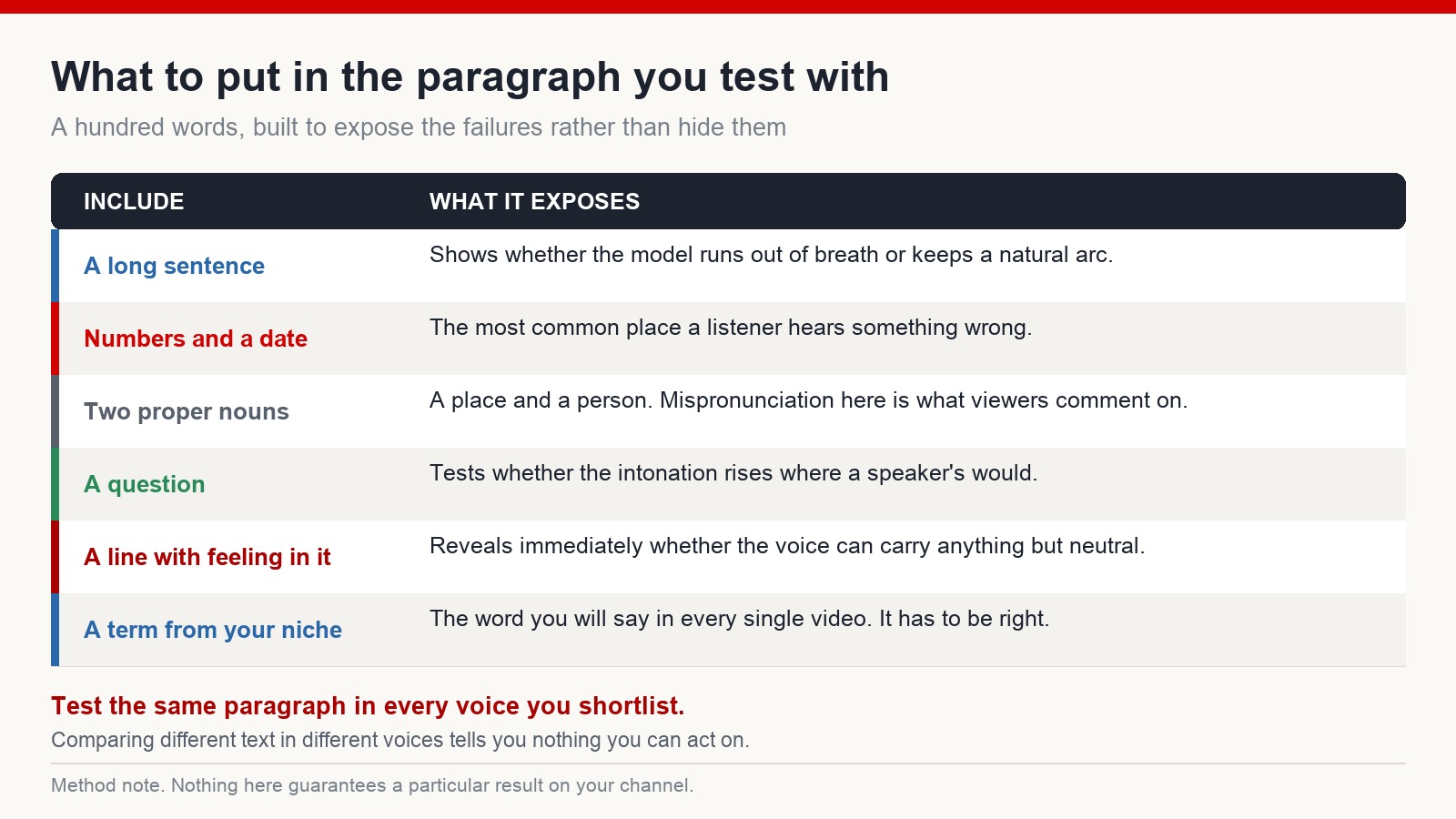 Table of what to include in a voice test paragraph: a long sentence, numbers and a date, proper nouns, a question, an emotional line and a niche term