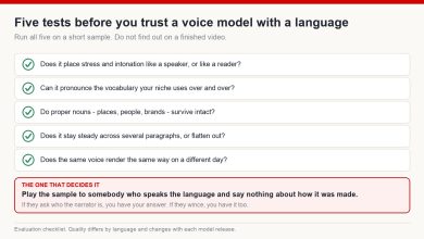 Checklist of five tests to run on a voice model before trusting it with a language: intonation, niche vocabulary, proper nouns, consistency over length, consistency across sessions