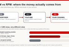 Diagram showing how money flows from advertiser CPM through YouTube's revenue share to a creator's RPM, with a bar comparison of ad value across markets