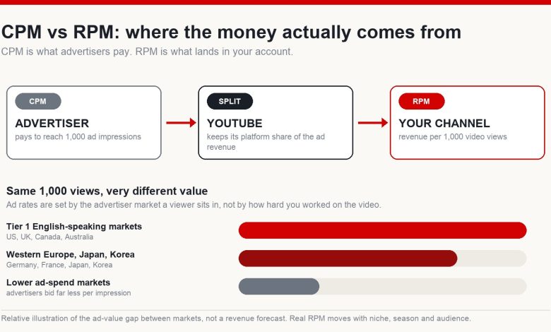 Diagram showing how money flows from advertiser CPM through YouTube's revenue share to a creator's RPM, with a bar comparison of ad value across markets