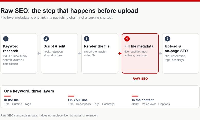 Diagram of the YouTube publishing chain showing raw SEO as the file metadata step between rendering and upload