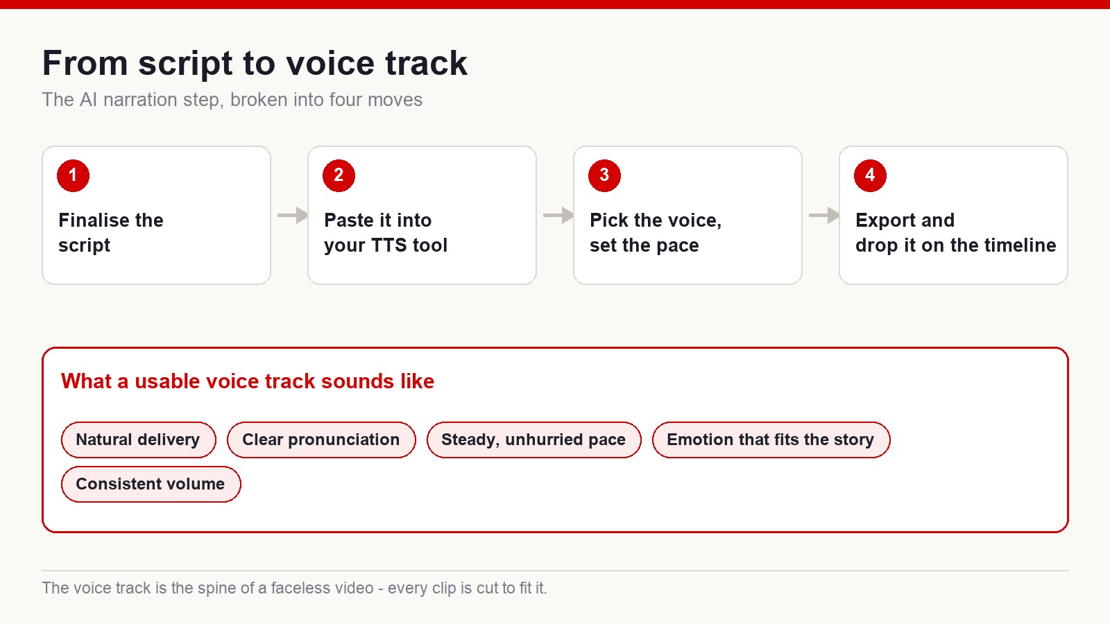 Four-step diagram: finalise the script, paste it into a text-to-speech tool, pick the voice and pace, export the audio