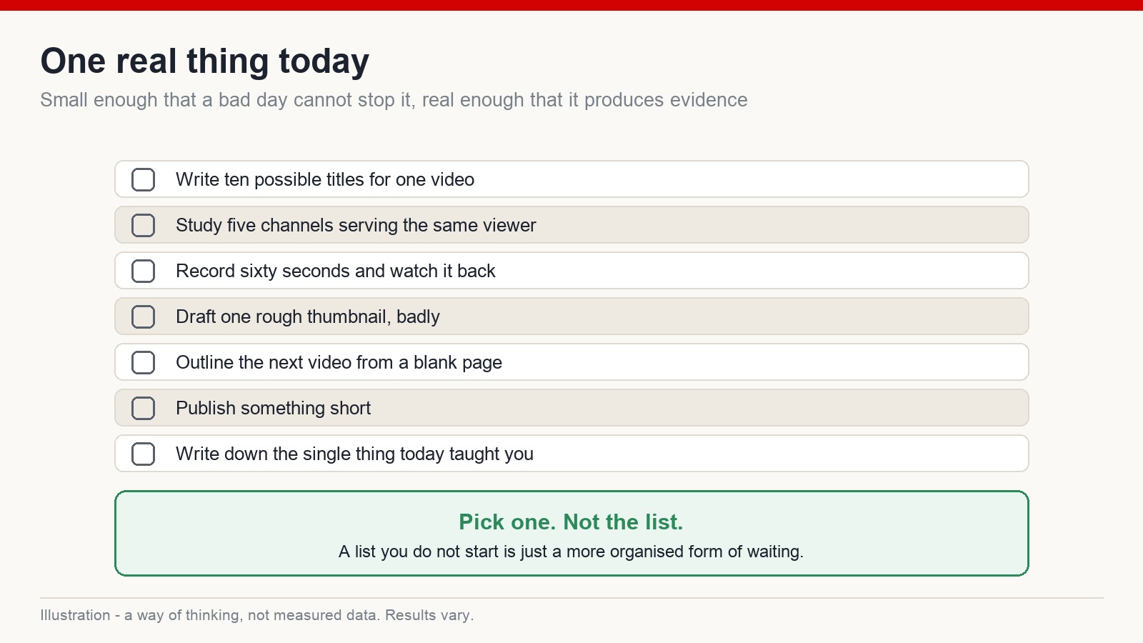 Checklist of seven small concrete actions a creator can complete in one day
