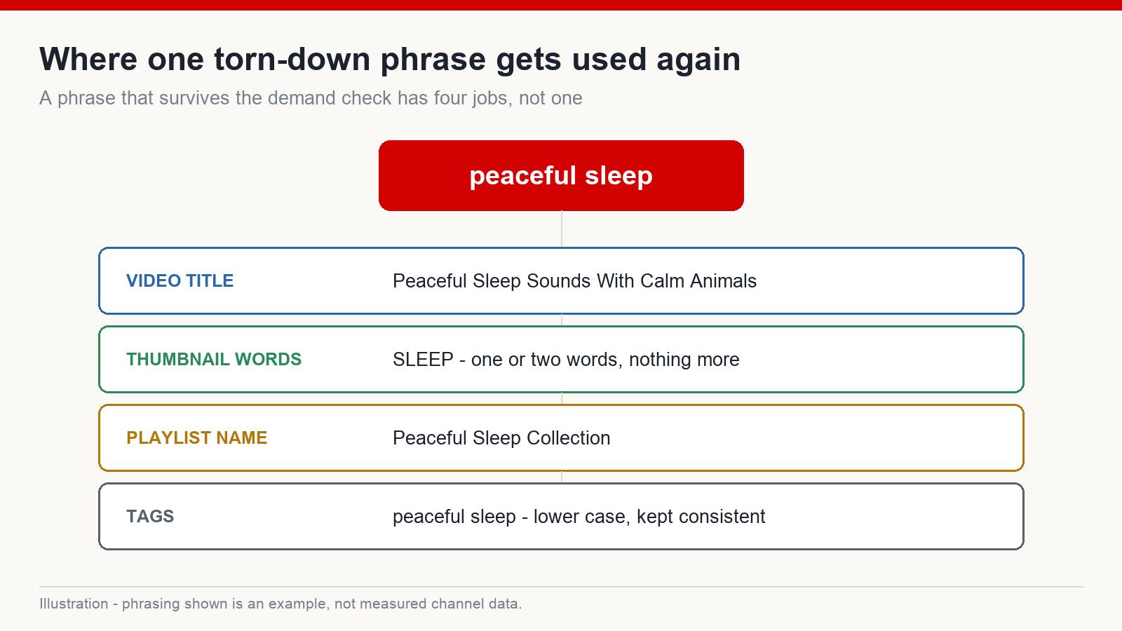One validated keyword phrase reused across a video title, thumbnail words, playlist name and tags