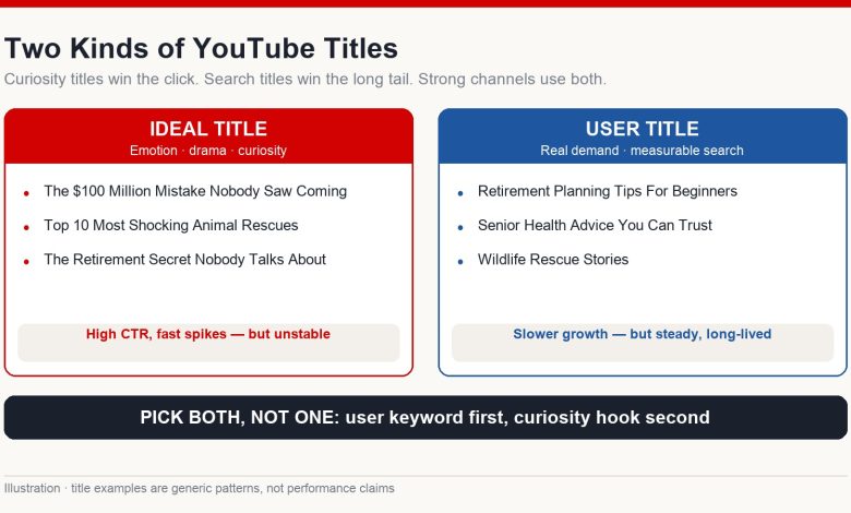 Comparison of curiosity-driven ideal titles and search-driven user titles on YouTube