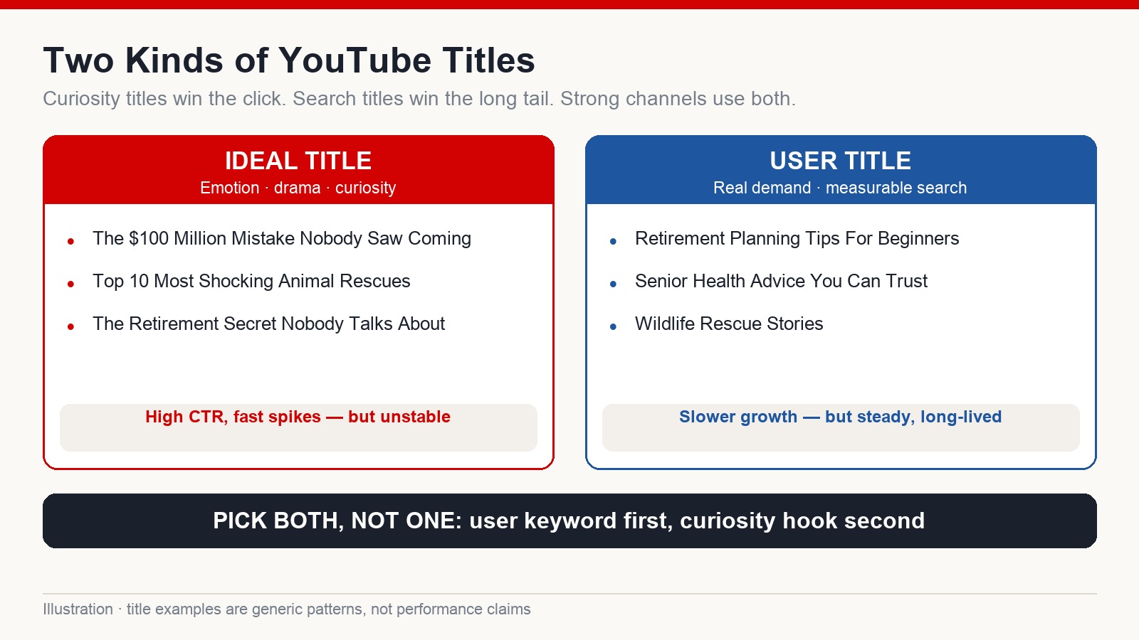 Comparison of curiosity-driven ideal titles and search-driven user titles on YouTube