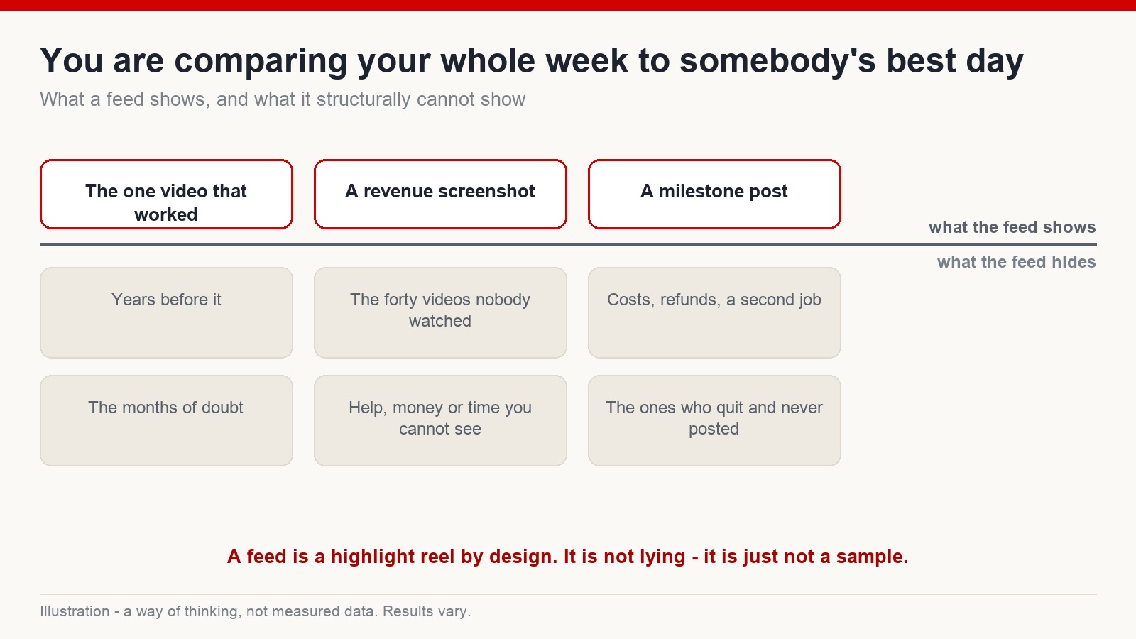 Diagram contrasting what a social feed shows with what it structurally cannot show