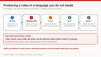Five-stage workflow diagram for producing a YouTube video in a language you do not speak: write, translate, voice, edit and reply