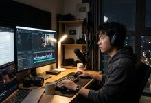 Creator working at a two-monitor editing desk late at night, researching YouTube channels before producing videos